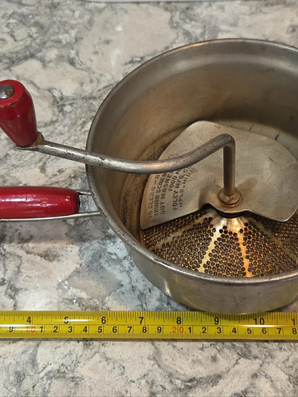 Vtg Foley Food Mill Manual Hand Crank Metal Red Wooden Handles Steel Country